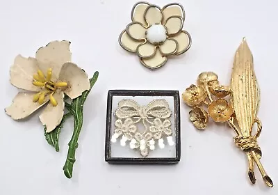 4 Vintage Flower Pins Brooches: Full Stem Enamel Stained Glass Style Petal Lace • $4.50