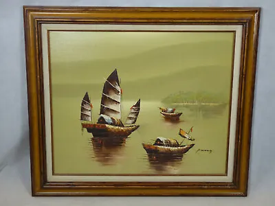 P. Wong Chinese Asian Fishing Junk Boats Oil On Canvas Painting Nautical Framed • $99.99