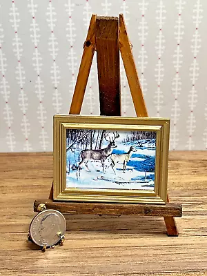 Dollhouse Miniature Jacqueline's Deer In Winter Scene Picture In Gold Frame 1:12 • $7