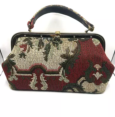 MCM Needlepoint Tapestry Carpet Bag Floral Purse Top Handle Brass VTG Beautiful • $59.95