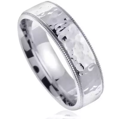 Polished Hammered Mens 6mm 10K White Gold Wedding Band • $385.95