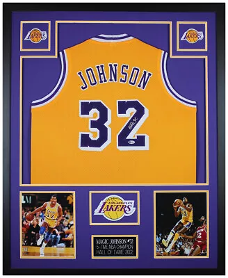 Magic Johnson Autographed And Framed Yellow Lakers Jersey Auto Beckett COA • $550