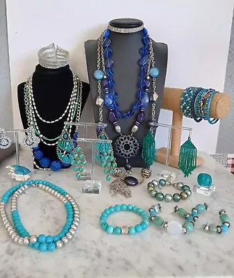 Lot Of Vtg To Modern Silver Tone Sparkles TurquoiseTeal & Blue Costume Jewelry • $6.50