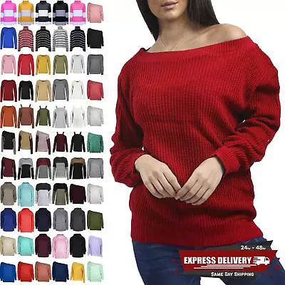 Womens Ladies Chunky Knitted Oversized Baggy Sweater Off The Shoulder Jumper Top • £7.99