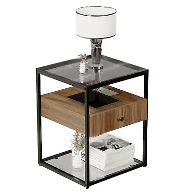 Nightstand Tempered Glass End Table With Drawer And Rustic Shelf Decoration Home • £52.93