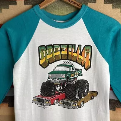 Vintage 80s Godzilla Monster Truck Teal Baseball Raglan T-shirt | Size Small USA • $24.95