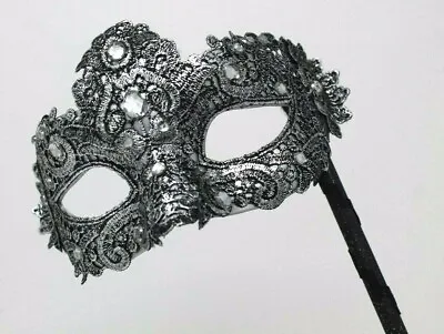 £14.99 • Buy Black Silver Jewelled Lace Brocade Mask Venetian Masquerade Carnival On A Stick