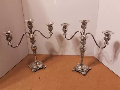 Vintage Pair Wm Rogers 3 Light Silver Plate Victoran Rose Convertible Candelabra • $175