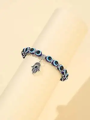 $4.81 • Buy Evil Eye Detail Hamsa Hand Charm Beaded Bracelet For Women Crafted Jewelry