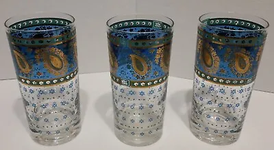 Cera  Cora Highball Glass Tumblers Barware Turquoise Gold Decor Set Of 3 • $22