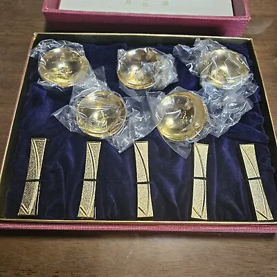 Vintage Japanese 24K Gold Plated Sakazuki Sake Cup & Chopstick Holder Set  Of 5  • $68.77