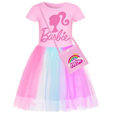 Kids  Barbie Rainbow Stars Tulle Girls Princess Party Fancy Tutu Dress With Bag • £9.49