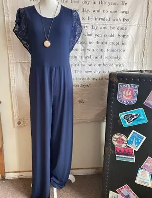 H Halston Navy Blue Regular Jet Set Jersey Wide-Leg Jumpsuit Lace Sleeves New • $19.95