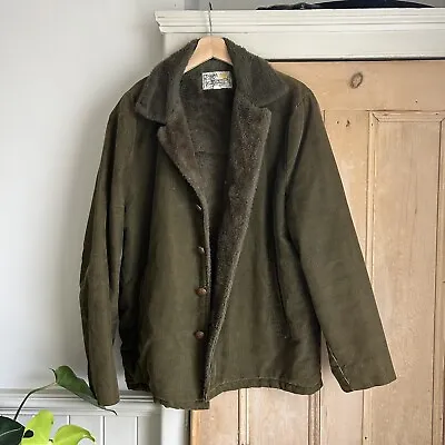 Vintage 60s 70s Green Cord Fur / Shearling Lined Coat Large Rare USA • £50