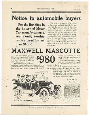 1912 Maxwell Motor Car Ad: Mascotte Model - Features Listed • $17.76