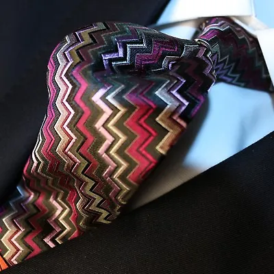 MISSONI New Magenta Pink Multicolor Geometric Silk Woven Skinny Tie 57 L X3.25 W • $100