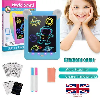 Kids Magic Drawing Board Pad 3D LED Light Up Doodle Glow + Paintbrush For Gift • £12.96