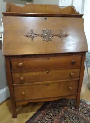 Antique Quarter Sawn Tiger Oak Drop Front Desk Larkin Buffalo NY 3 Drawers & Key • $750