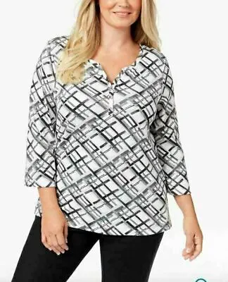  Karen Scott Printed 3/4-Sleeve Henley Top Plus Size 0X • $7.99