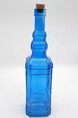 Tall Blue Square Glass Bottle Vase Raised Design With Cork Cottage Farmhouse 12  • $12