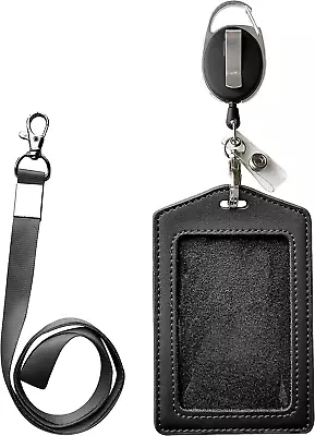 $9.30 • Buy ID Card Case + Heavy Duty Lanyard (Black) + Badge Holder Retractable Reel Carabi