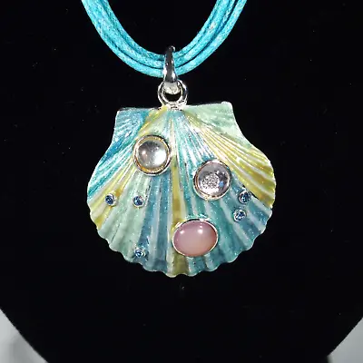 Enameled Scallop Shell Jewel Pendant On Cord Mermaid Necklace Blue Teal Yellow • $19.95