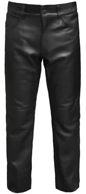 Men Plain 5 Pocket Motorcycle Biker Black Leather Trousers Motorbike Jeans Pants • £114.99