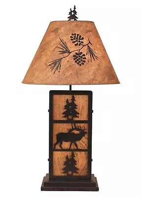 Rustic Wildlife Elk Trees Wood & Iron Country Home Table Lamp W/Shade • $239.95