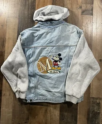 Vintage Disney Mickey Mouse Jacket Mens Denim Medium Hooded Gray Embroidered • $34.99