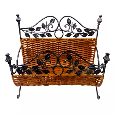 Vintage Wicker And Scrolled Wrought Iron Freestanding Magazine Rack Holder MCM • $33