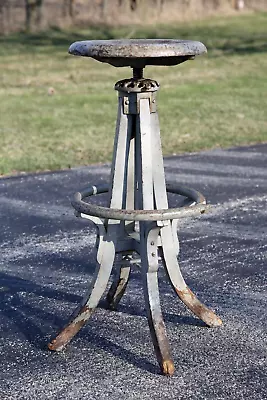 Vintage Antique Drafting Table Chair Bar Stool Industrial Swivel Wood Seat Oak • $258.99