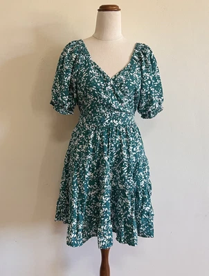 $25 • Buy Tokito Womens Dress Green Floral Size 10 Puff Sleeves Cross Over Bodice