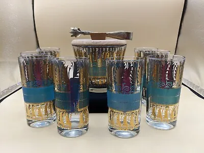 $199.99 • Buy Vintage MCM George Briard Gold Feather Turquoise 8 Highballs & Ice Bucket Set