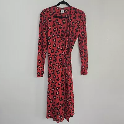 Cabi Dress Size Medium Siren Wrap Red Leopard Print Mesh Long Sleeve Midi 5771 • $49