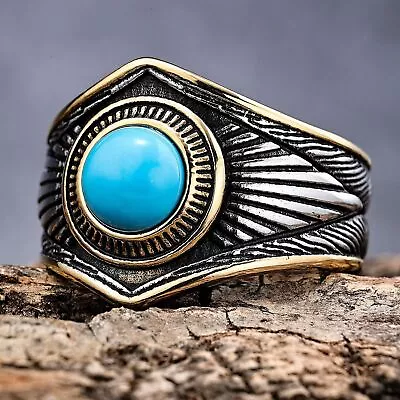 Men Blue Turquoise Square Stone Silver Titanium Stainless Steel Ring Men 7-15 • $11.99