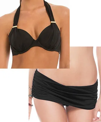 NWT A.CHE Swimsuit Bikini 2pc Set L 38D 36DD 34E 32F Black Underwire Skirt • $49.98