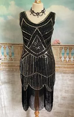 Dress 14 16  Black Fringe Gold Beaded Sequin XL Flapper Gatsby Peaky Blinders • £19.99