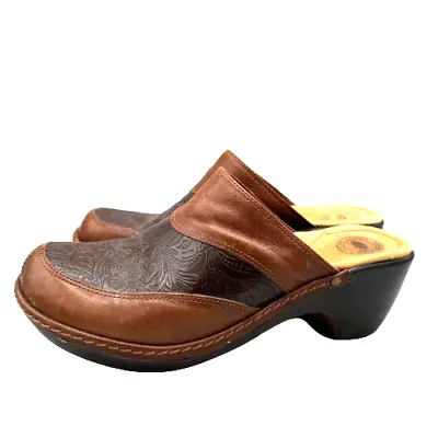 Nurture Tooled 2 Tone Leather Mules Clogs Women's Size 9M Brown Made Brazil Boho • $29.99