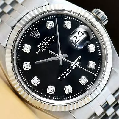 Mens Rolex Datejust 1601 Black Diamond 18k White Gold & Stainless Steel Watch • $4299