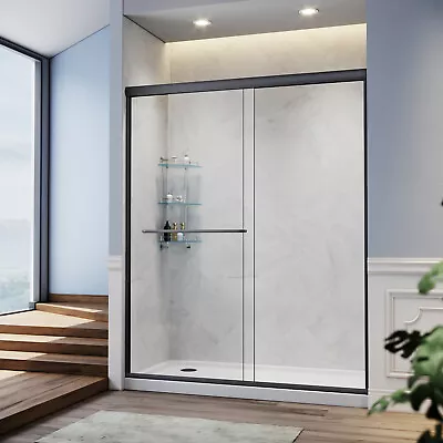 SUNNY 60  W X 72  H Shower Door Double Sliding Glass Panel Matte Black Hardware • $399.98