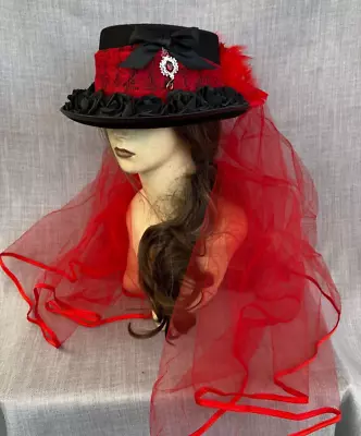 Unique Black Red Gothic Top Hat Feathers Roses Lace Wings Long Veil 57cm (37) • £27.99