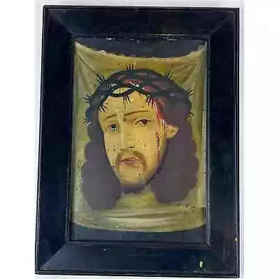 Antique 19th C Oil Tin Mexican Retablo Jesus Veil Of Veronica Holy Face Frame  • $290