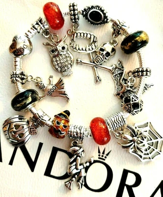$108 • Buy AUTHENTIC PANDORA CHARM BRACELET HALLOWEEN GOTHIC  WITCH BAT VAMPIRE TEETH Box