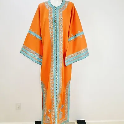 Vintage 1960's Handmade Long Kimono Robe Dress Orange With Teal Embriodary • $217.31