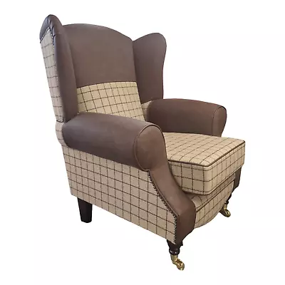 Wing Back Queen Anne Chair Brown Faux Leather With Bamburgh Brown Check BARGAIN • £399