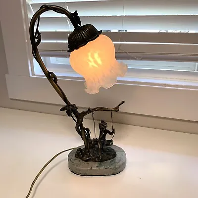 Cherub On Swing Bronze Lamp Nightlight Victorian Style White Glass Shade  • $88
