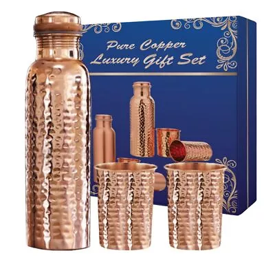 SET OF 3 Pure Hammered Copper Water + Copper Glass BPA Free With Ayurvedic • $23.49