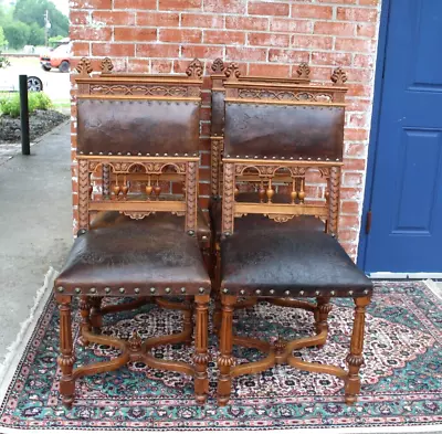 Set Of 4 French Antique Walnut Henry II Embossed Leather  Dining Chairs • $1600