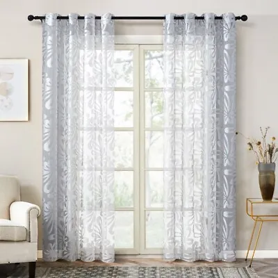 $13.99 • Buy 2 Panel Floral Jacquard Grommet Sheer Voile Livingroom Bedroom Window Curtains
