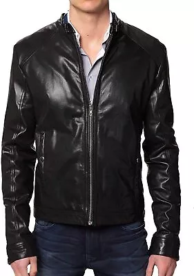 Leather Jacket Biker Mens Slim Motorcycle Skin Bomber Sheep Coat Raf Black 80 • $114.75